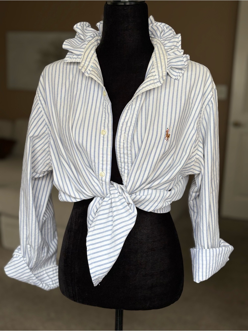 Reworked Ralph Lauren Blue Stripe Ruffle Collar Button-Up Top